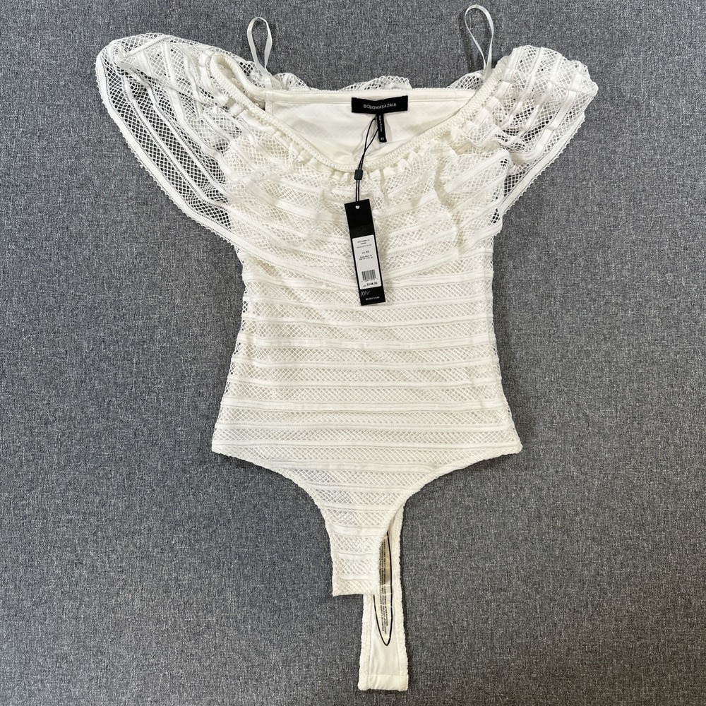 BCBGMAXAZRIA Optic White Lace Bodysuit XS Off Shoulder Ruffle Top NWT